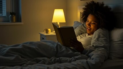 Smiling African American woman leisurely reading a book in bed before sleep peacefully