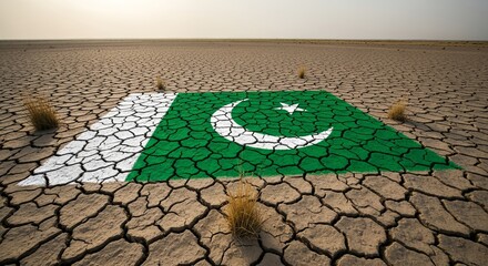 Pakistan flag painted on cracked earth showing drought and climate change impacts