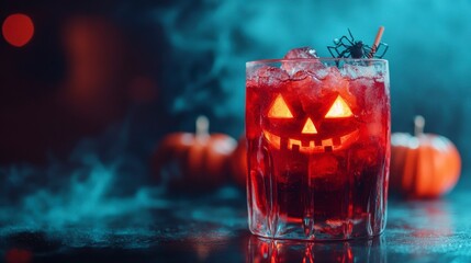 Glowing jack-o'-lantern cocktail with ice, garnished with a spider, on a dark background with pumpkins.