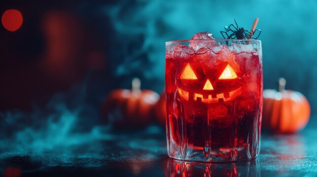 Glowing jack-o'-lantern cocktail with ice, garnished with a spider, on a dark background with pumpkins.