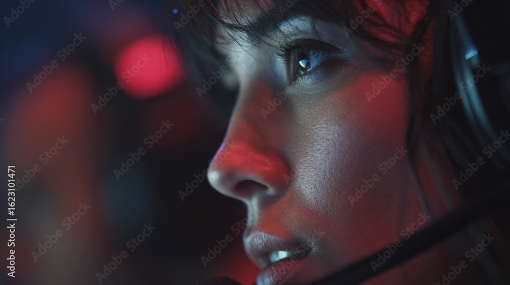 Poster medium shot with a sharp view on the actors expressive face under headset sensors with the rest of t