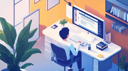 Person working at a computer in a modern office setting.