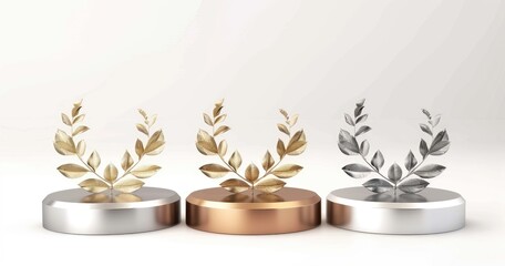 Three trophies with laurel leaves on circular bases representing achievement and competition.