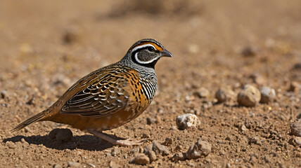 A Barred Buttonquail takes a dust bath in a shallow depression on a dirt track, flapping its wings and kicking up fine soil