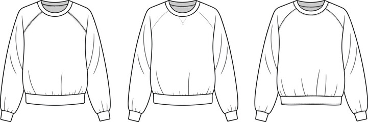 Raglan sleeve sweatshirt fashion flat sketch, women’s crewneck top vector CAD template, set of front technical drawings © Sagor Creatives