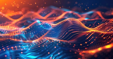 Abstract digital waves with glowing particles in blue and orange tones.