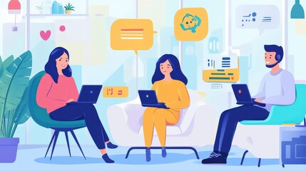 Team of people working together on computers in a modern office.