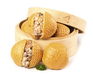 Delicious walnut buns with flowing heart on white background showcasing traditional Cantonese dim sum