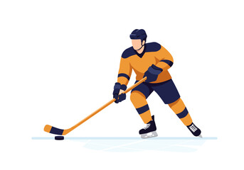 Obraz premium Hockey player in gold and blue about to strike puck on ice