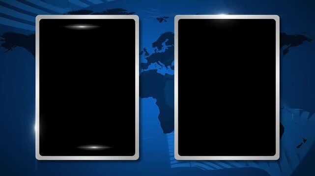 Two black rectangles with silver borders on a blue world map background