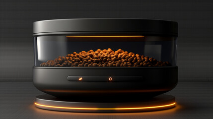 Modern automatic pet food dispenser with glowing orange lighting. Sleek black smart container with kibble inside for tech-savvy homes.