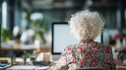 Senior in office: focused on digital tasks in modern workspace