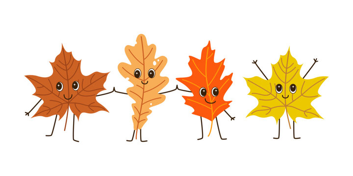 Naklejki Cute cartoon autumn leaves holding hands, vector illustration. Oak, maple, tree leaves.