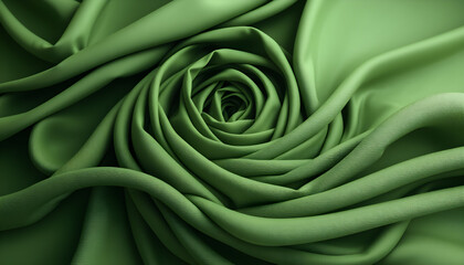 "Green Fabric Rose Pattern, Soft Textile Folds in Spiral Shape, Abstract Fabric Texture Background"