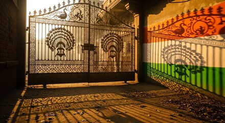Ornate gate cast shadows on Indian flag painted wall, golden hour light in India