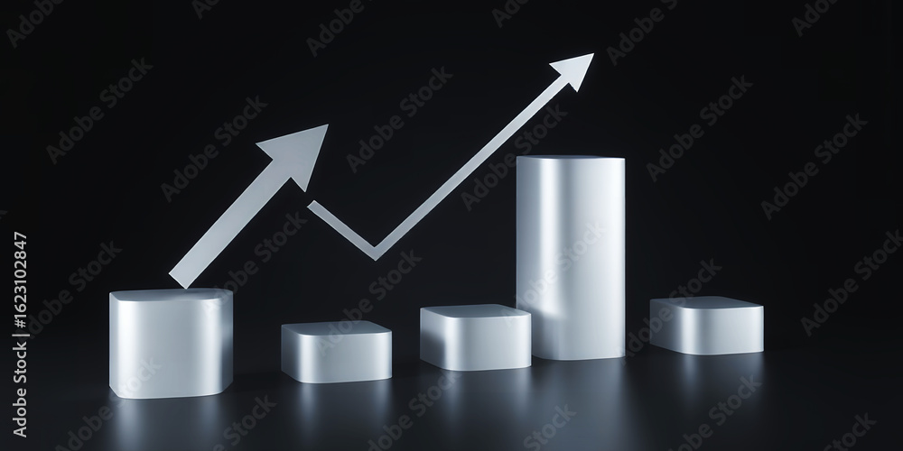 Aufkleber a metallic bar graph with an arrow showing growth on a dark reflective surface background