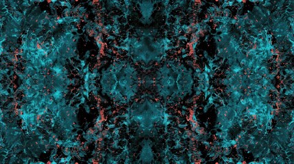 Abstract digital artwork featuring swirling patterns in teal and red against a dark background.