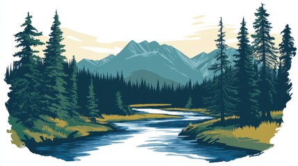 Tranquil mountain river scene with lush forests.