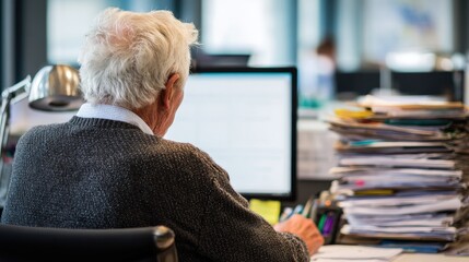 Senior focused on computer in modern office environment