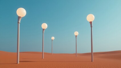 Ethereal desert landscape with glowing spherical lamps illuminating the horizon under a clear blue sky