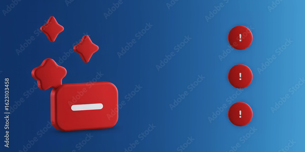 Poster a red rectangle with a line and stars with three red circles on a blue gradient background