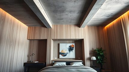 Modern Bedroom Interior with Wooden Accents and Artistic Decor