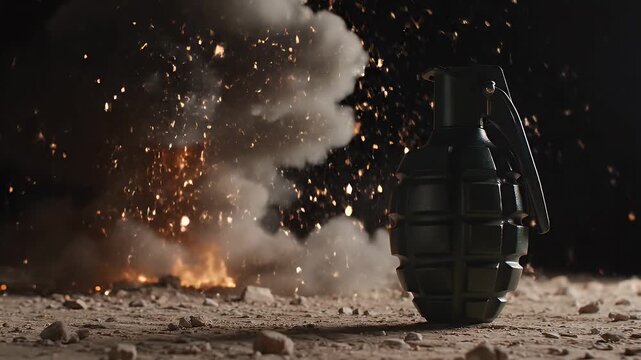 A fragmentation grenade explodes with a burst of fire, smoke, and sparks, creating a powerful and destructive visual of warfare.