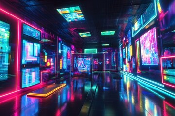 Futuristic nft art gallery with neon digital displays and interactive experience.