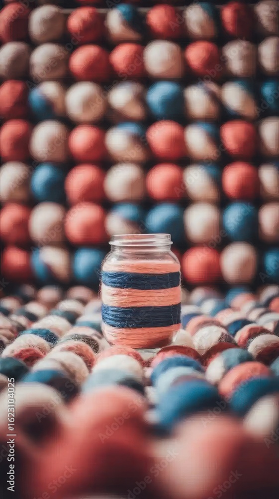 Poster A jar adorned with string, surrounded by multicolored felt spheres abstract art
