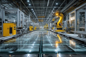 Precision robotics assemble solar panels in bright modern photovoltaic production facility