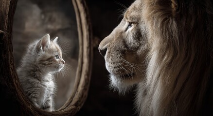 Fototapeta premium Lion Looking into Mirror Seeing Its Reflection as an Adorable Kitten, Symbolizing Self-Perception