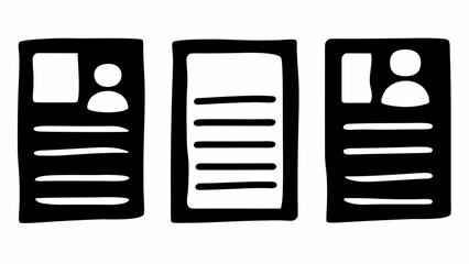 Illustration of three documents one with a photo and profile and another with lines of text in black and white