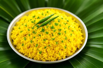 Vibrant Indian Biryani Rice Plate Surrounded By Green Leaves