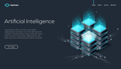 Modern dark-themed web design showcasing glowing, futuristic stacked cubes with circuit connections. Includes navigation links and a “Try it Now” call-to-action.