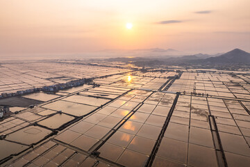 aerial view salt fields in fujian during sunet