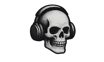 Cool Skull with Headphones Halftone Effect Isolated on Transparent Background