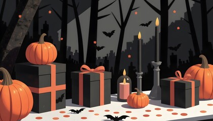 Halloween Themed Party Table with Pumpkins, Gifts, Candles and Dark Atmosphere