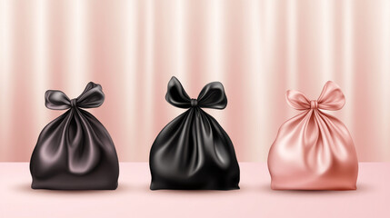 Three elegant gift bags sit against a soft pink backdrop. This luxurious packaging adds a chic and stylish touch.