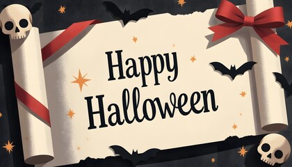 Festive Halloween Scroll with Bats, Skulls, Stars, and Red Ribbon Decoration