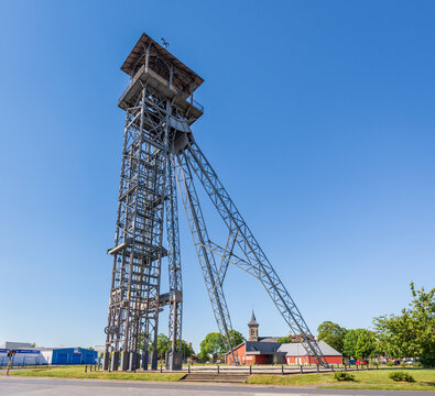 Li&eacute;vin, France - May 11, 2025: The headframe of the mine shaft no. 3bis of the Mines de Lens mining company is conserved on the former site and listed as a UNESCO World Heritage Site since 2012.