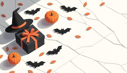 Halloween decoration with black gift box, witch hat, pumpkins, and bats