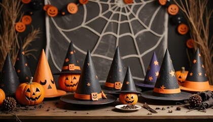 Spooky Halloween Decorations with Black Witch Hats, Pumpkins, and Festive Ornaments