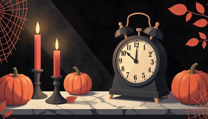 Charming Halloween Decor with Vintage Clock, Candles, and Pumpkins on Marble Surface