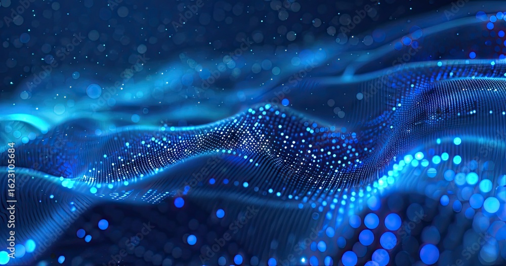 Poster abstract representation of flowing waves with glowing particles in blue hues.