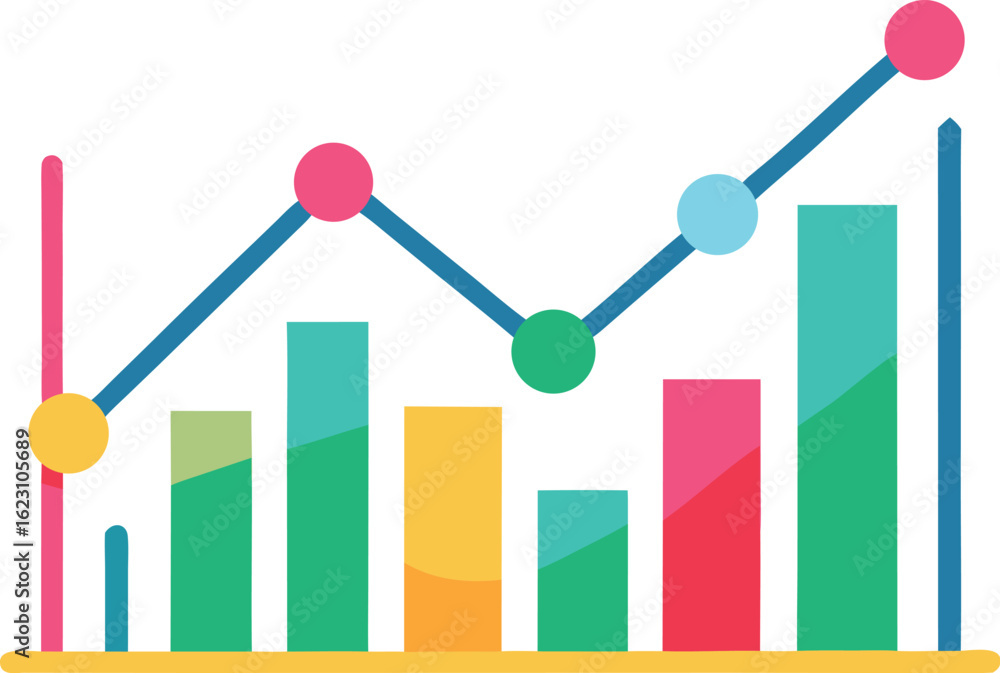 Poster colorful bar chart and line graph showing upward trend