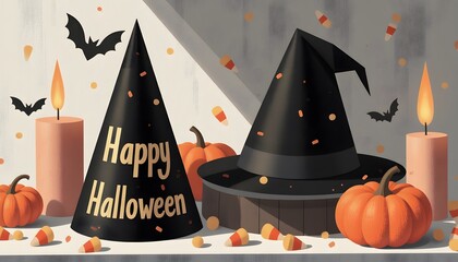 Halloween Celebration with Festive Hats, Pumpkins, Candles, and Spooky Elements