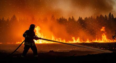 Firefighter battling a forest fire with a hose