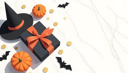 Halloween Party Decorations with Jack-o-Lanterns, Bats, and Gift Box on Marble Surface