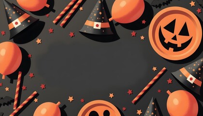 Colorful Halloween Party Decorations with Pumpkins, Hats, and Candy on Dark Background