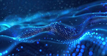 Abstract representation of flowing waves with glowing particles in blue hues.